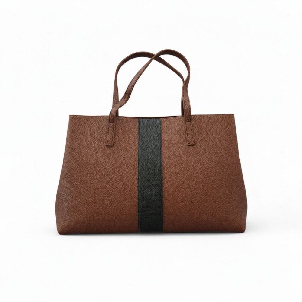 Vince Camuto Brown Pebbled Leather Tote Bag Black Stripe Shoulder Handbag Large